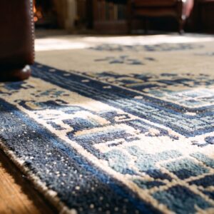 Wool 1920s Blue Ivory Beige Cream White Hand Knotted Pile Rectangle Antique Rug (SKU 24676) - in-room detail