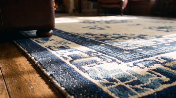 Wool 1920s blue ivory beige cream white hand knotted pile rectangle antique rug 11 Wool 1920s blue ivory beige cream white hand knotted pile rectangle antique rug (sku 24676) - in-room detail