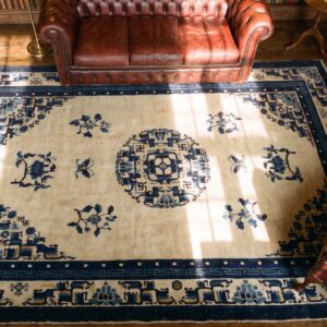 Wool 1920s Blue Ivory Beige Cream White Hand Knotted Pile Rectangle Antique Rug (SKU 24676) - styled overhead view