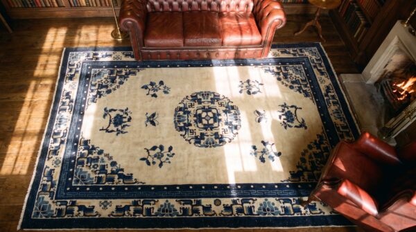 Wool 1920s blue ivory beige cream white hand knotted pile rectangle antique rug 2 Wool 1920s blue ivory beige cream white hand knotted pile rectangle antique rug (sku 24676) - styled overhead view