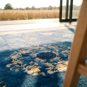 1920s Blue Ivory Beige Cream White Rectangle Antique Hand Knotted Pile Wool Rug (SKU 24733) - in-room detail
