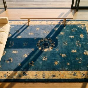 1920s Blue Ivory Beige Cream White Rectangle Antique Hand Knotted Pile Wool Rug (SKU 24733) - styled overhead view