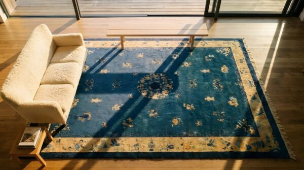 1920s blue ivory beige cream white rectangle antique hand knotted pile wool rug 2 1920s blue ivory beige cream white rectangle antique hand knotted pile wool rug (sku 24733) - styled overhead view