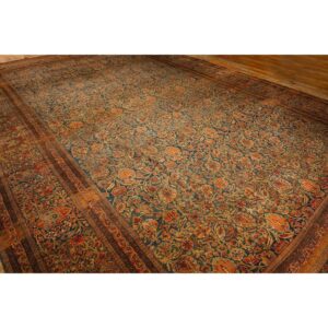 1920s Blue Navy Classic Floral Shah Abbas Antique Handknotted Wool Kashan Rug - detail view 2