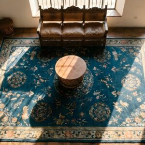 1920s Blue Wool Hand Knotted Pile Rectangle Antique Rug (SKU 23583) - styled overhead view