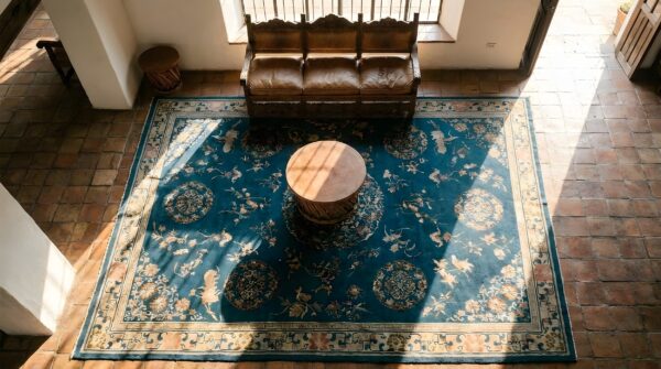 1920s blue wool hand knotted pile rectangle antique rug 2 1920s blue wool hand knotted pile rectangle antique rug (sku 23583) - styled overhead view