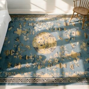1920s Blue Antique Rectangle Hand Knotted Pile Wool Rug (SKU 24467) - styled overhead view