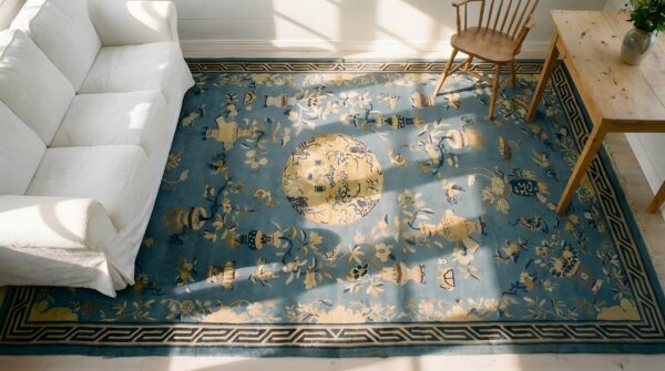1920s blue antique rectangle hand knotted pile wool rug (sku 24467) - styled overhead view