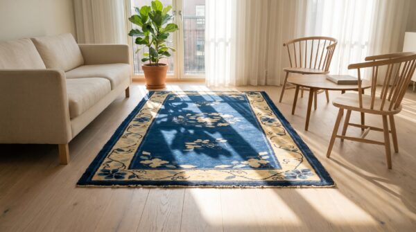 Hand knotted pile 1920s blue wool rectangle antique rug 9 Hand knotted pile 1920s blue wool rectangle antique rug (sku 24873) - room view