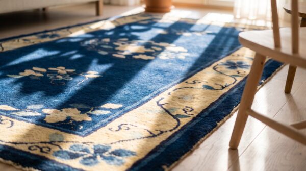 Hand knotted pile 1920s blue wool rectangle antique rug 10 Hand knotted pile 1920s blue wool rectangle antique rug (sku 24873) - in-room detail