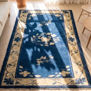 Hand Knotted Pile 1920s Blue Wool Rectangle Antique Rug (SKU 24873) - styled overhead view