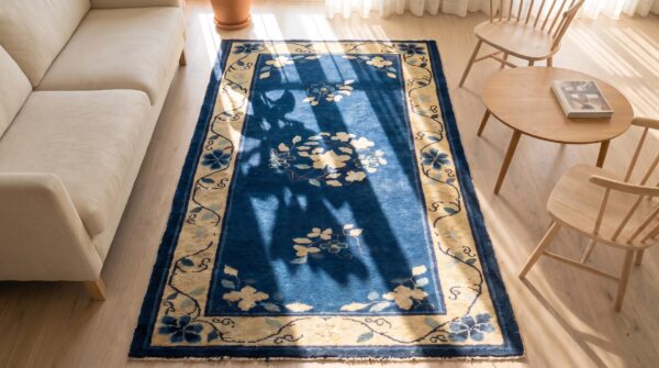 Hand knotted pile 1920s blue wool rectangle antique rug 2 Hand knotted pile 1920s blue wool rectangle antique rug (sku 24873) - styled overhead view