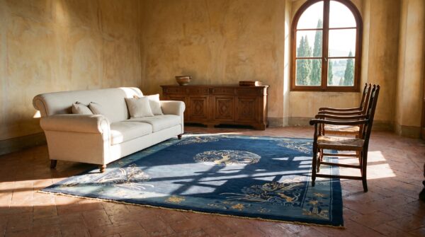 1920s blue hand knotted pile wool rectangle antique rug (sku 24875) - room view