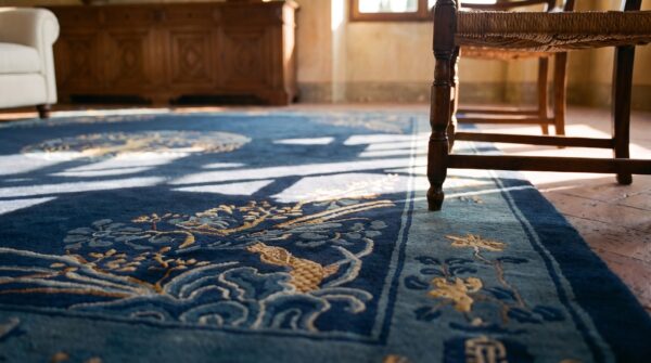 1920s blue hand knotted pile wool rectangle antique rug (sku 24875) - in-room detail