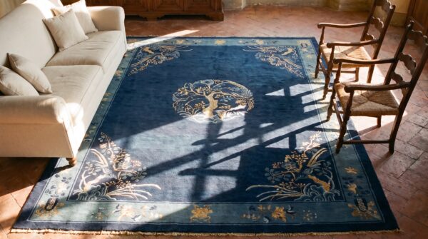1920s blue hand knotted pile wool rectangle antique rug (sku 24875) - styled overhead view
