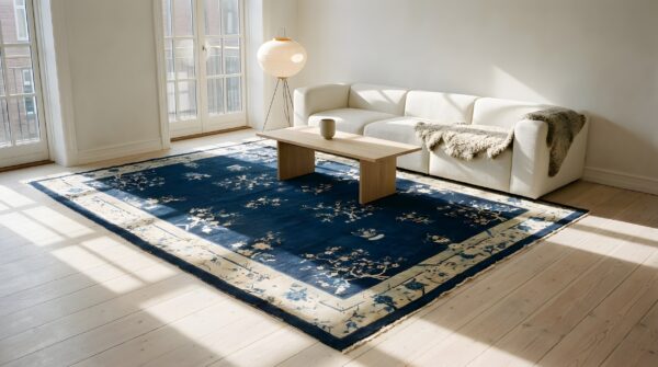 Hand knotted pile wool 1920s blue antique rectangle large rug 9 Hand knotted pile wool 1920s blue antique rectangle large rug (sku 25009) - room view
