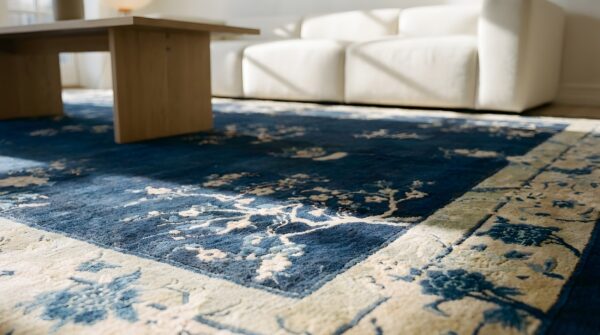 Hand knotted pile wool 1920s blue antique rectangle large rug 10 Hand knotted pile wool 1920s blue antique rectangle large rug (sku 25009) - in-room detail