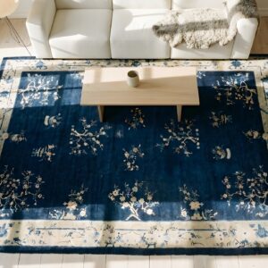 Hand Knotted Pile Wool 1920s Blue Antique Rectangle Large Rug (SKU 25009) - styled overhead view
