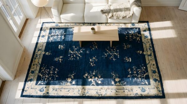 Hand knotted pile wool 1920s blue antique rectangle large rug 2 Hand knotted pile wool 1920s blue antique rectangle large rug (sku 25009) - styled overhead view
