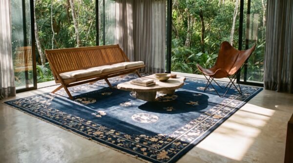 Wool 1920s blue rectangle room size knotted chinese antique - peking rug 6 Wool 1920s blue rectangle room size knotted chinese antique - peking rug (sku 25264) - room view