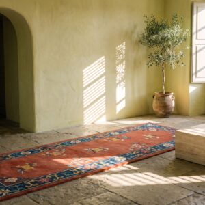 Antique 1920s Chinese Art Deco Allover Floral Coral Hand Knotted Hallway Runner Rug (SKU 22414) - room view