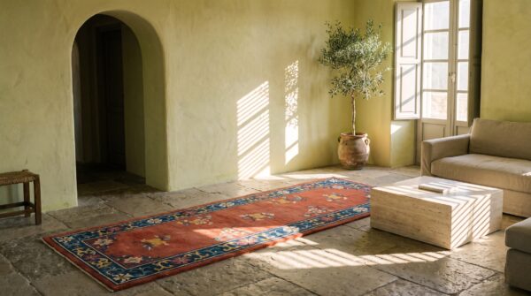 Antique 1920s chinese art deco allover floral coral hand knotted hallway runner rug (sku 22414) - room view
