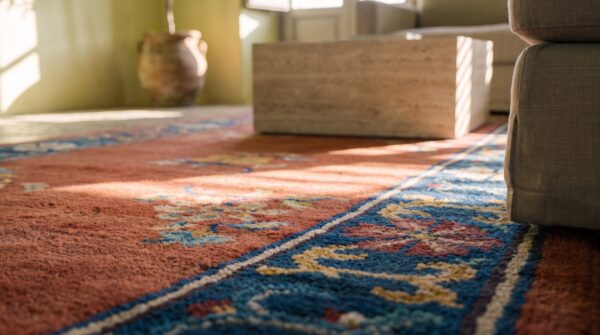 Antique 1920s chinese art deco allover floral coral hand knotted hallway runner rug (sku 22414) - in-room detail