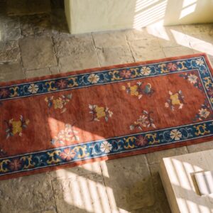 Antique 1920s Chinese Art Deco Allover Floral Coral Hand Knotted Hallway Runner Rug (SKU 22414) - styled overhead view