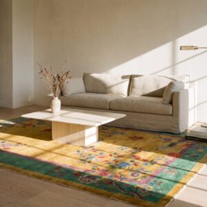 1920s Chinese - Art Deco Room Size Wool Rectangle Antique Knotted Yellow Rug (SKU 25724) - room view