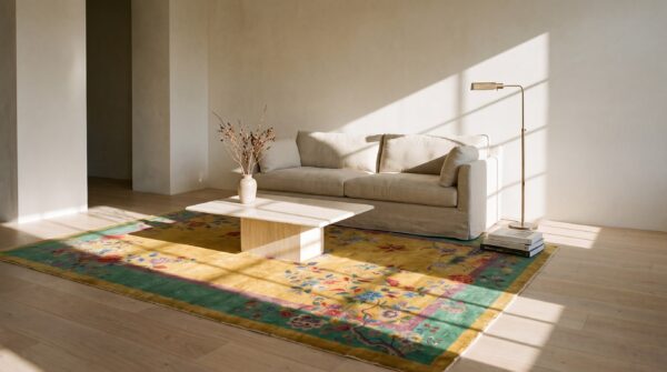 1920s chinese - art deco room size wool rectangle antique knotted yellow rug 6 1920s chinese - art deco room size wool rectangle antique knotted yellow rug (sku 25724) - room view