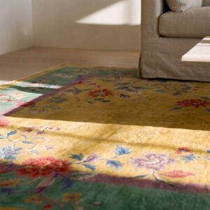 1920s Chinese - Art Deco Room Size Wool Rectangle Antique Knotted Yellow Rug (SKU 25724) - in-room detail