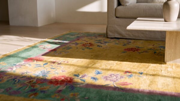 1920s chinese - art deco room size wool rectangle antique knotted yellow rug 7 1920s chinese - art deco room size wool rectangle antique knotted yellow rug (sku 25724) - in-room detail