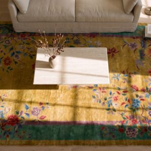 1920s Chinese - Art Deco Room Size Wool Rectangle Antique Knotted Yellow Rug (SKU 25724) - styled overhead view