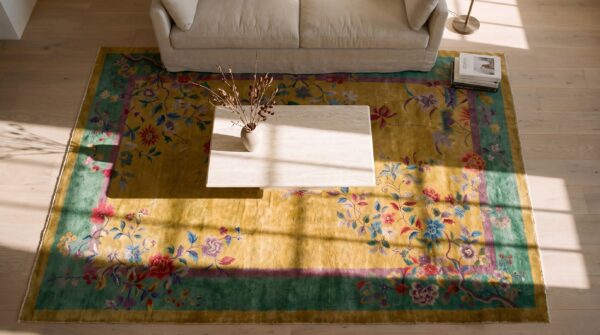 1920s chinese - art deco room size wool rectangle antique knotted yellow rug 2 1920s chinese - art deco room size wool rectangle antique knotted yellow rug (sku 25724) - styled overhead view