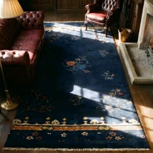 1920s Antique Chinese Peking Wool Hallway Runner - Blue Knotted Rug (SKU 25672) - styled overhead view