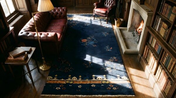 1920s antique chinese peking wool hallway runner - blue knotted rug 2 1920s antique chinese peking wool hallway runner - blue knotted rug (sku 25672) - styled overhead view