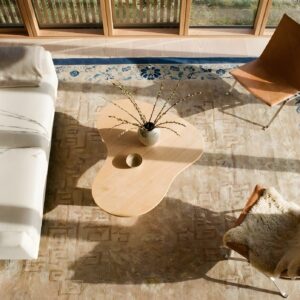 1920s Chinese Peking Ivory Knotted Antique Rectangle Room Size Wool Rug (SKU 25811) - styled overhead view