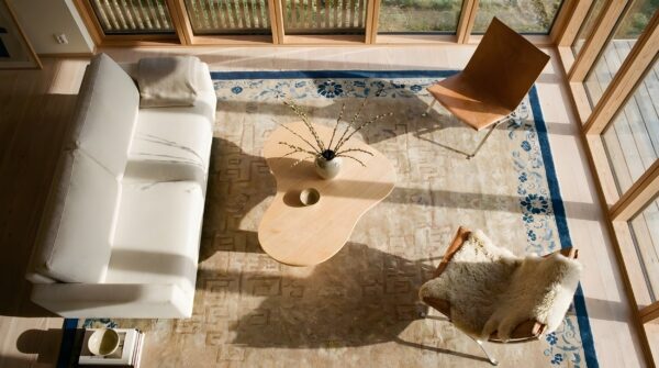 1920s chinese peking ivory knotted antique rectangle room size wool rug 2 1920s chinese peking ivory knotted antique rectangle room size wool rug (sku 25811) - styled overhead view