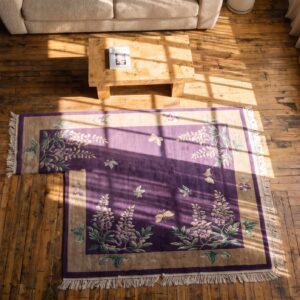 1920s Chinese Purple Rectangle Small Scatter Size Wool Antique - Art Deco Knotted Rug (SKU 22466) - styled overhead view
