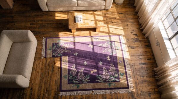 1920s chinese purple rectangle small scatter size wool antique - art deco knotted rug 2 1920s chinese purple rectangle small scatter size wool antique - art deco knotted rug (sku 22466) - styled overhead view