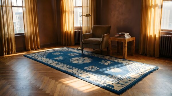 1920s chinese antique small scatter size - peking blue wool rectangle knotted rug 7 1920s chinese antique small scatter size - peking blue wool rectangle knotted rug (sku 25611) - room view