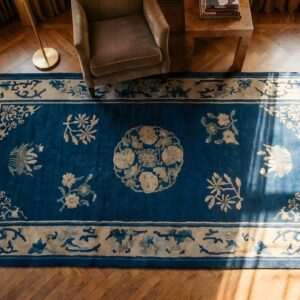 1920s Chinese Antique Small Scatter Size - Peking Blue Wool Rectangle Knotted Rug (SKU 25611) - styled overhead view