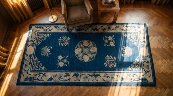 1920s chinese antique small scatter size - peking blue wool rectangle knotted rug 2 1920s chinese antique small scatter size - peking blue wool rectangle knotted rug (sku 25611) - styled overhead view