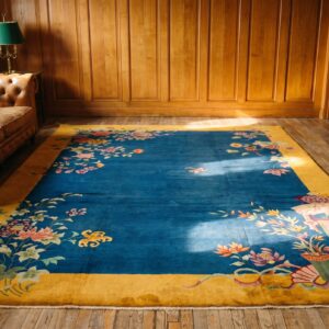 Hand Knotted Pile 1920s Antique Floral Wool Blue Rectangle Rug (SKU 22149) - room view
