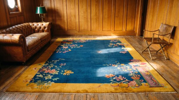 Hand knotted pile 1920s antique floral wool blue rectangle rug 6 Hand knotted pile 1920s antique floral wool blue rectangle rug (sku 22149) - room view