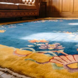 Hand Knotted Pile 1920s Antique Floral Wool Blue Rectangle Rug (SKU 22149) - in-room detail