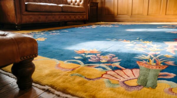 Hand knotted pile 1920s antique floral wool blue rectangle rug 7 Hand knotted pile 1920s antique floral wool blue rectangle rug (sku 22149) - in-room detail