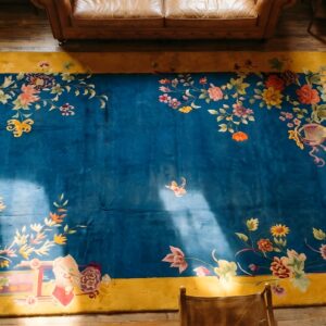 Hand Knotted Pile 1920s Antique Floral Wool Blue Rectangle Rug (SKU 22149) - styled overhead view