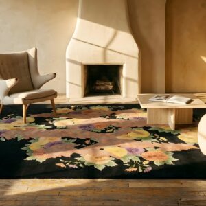 Wool Hand Knotted Pile 1920s Floral Medallion Antique Black Rectangle Rug (SKU 25629) - room view