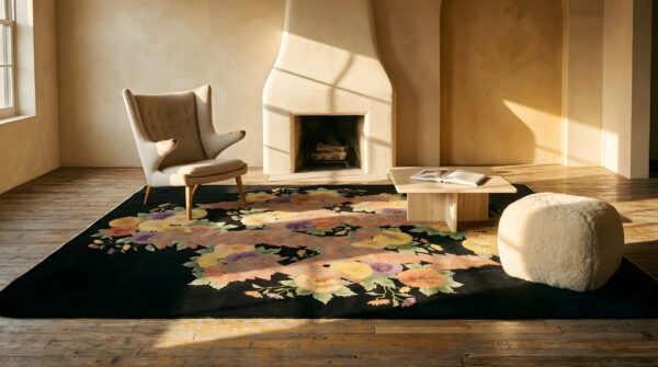 Wool hand knotted pile 1920s floral medallion antique black rectangle rug 7 Wool hand knotted pile 1920s floral medallion antique black rectangle rug (sku 25629) - room view